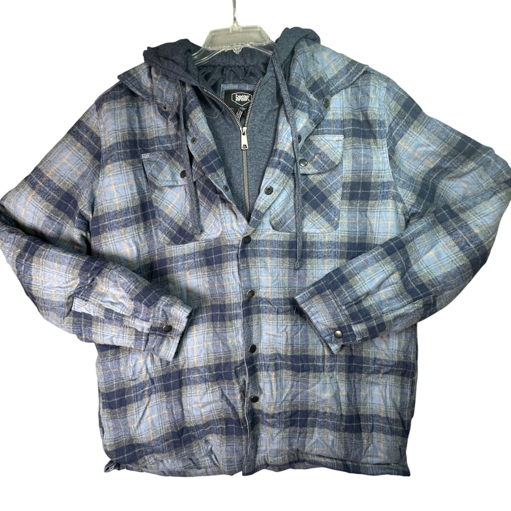 Berkley Jensen Hooded Flannel Shirt Jacket Plaid Quilted Lined Blue Utility L